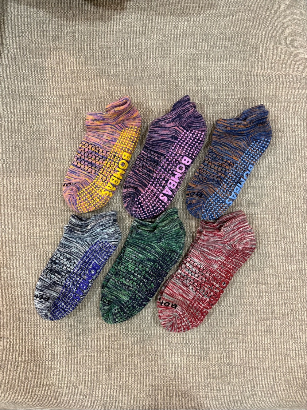 Bombas ankle grip Socks - Yellow, Purple, Blue, Gray, Green, Red 6 pairs